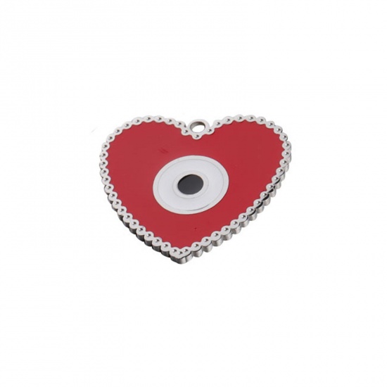Picture of 304 Stainless Steel Religious Charms Silver Tone Red Heart Evil Eye Enamel 27.5mm x 25.5mm, 1 Piece