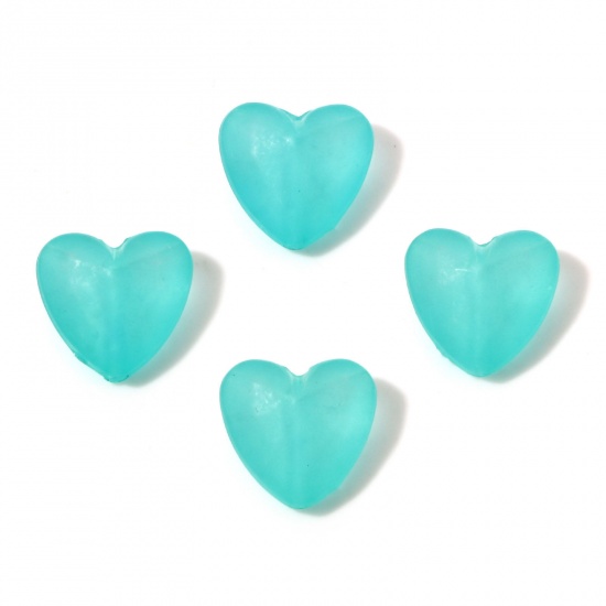 Picture of Acrylic Beads Cyan Transparent Heart Frosted About 13mm x 12mm, Hole: Approx 2mm, 1 Packet (Approx 100 PCs/Packet)