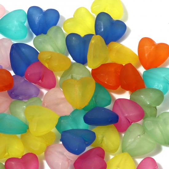 Picture of Acrylic Beads At Random Color Mixed Transparent Heart Frosted About 13mm x 12mm, Hole: Approx 2mm, 1 Packet (Approx 100 PCs/Packet)