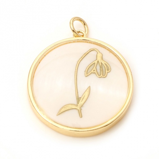 Picture of Shell & Brass Birth Month Flower Charms Round Real Gold Plated White Snowdrop Flower 28mm x 22mm, 1 Piece