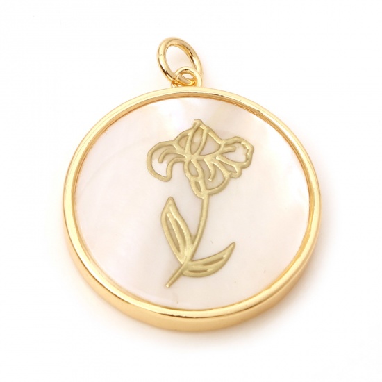 Picture of Shell & Brass Birth Month Flower Charms Round Real Gold Plated White Fleur-De-Lis 28mm x 22mm, 1 Piece