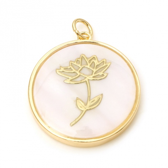 Picture of Shell & Brass Birth Month Flower Charms Round Real Gold Plated White Lotus Flower 28mm x 22mm, 1 Piece