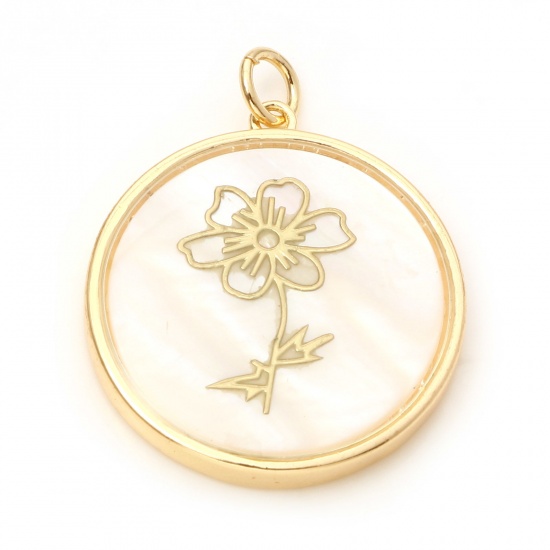Picture of Shell & Brass Birth Month Flower Charms Round Real Gold Plated White Cosmos Flower 28mm x 22mm, 1 Piece