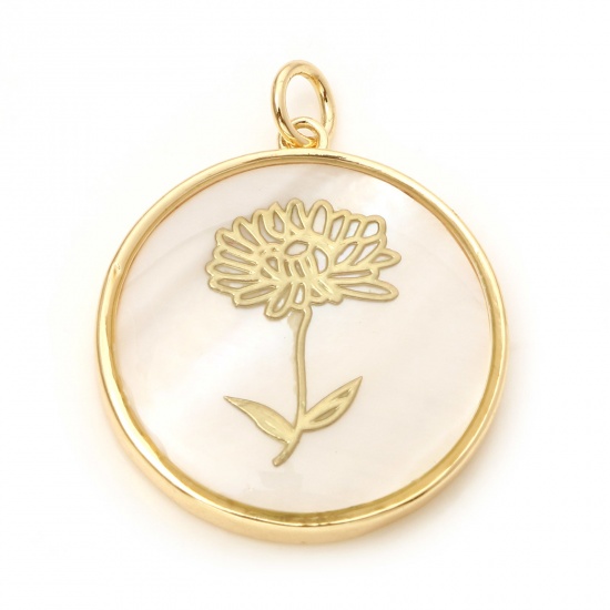 Picture of Shell & Brass Birth Month Flower Charms Round Real Gold Plated White Chrysanthemum Flower 28mm x 22mm, 1 Piece