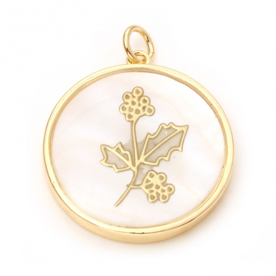 Picture of Shell & Brass Birth Month Flower Charms Round Real Gold Plated White Christmas Holly Leaf 28mm x 22mm, 1 Piece