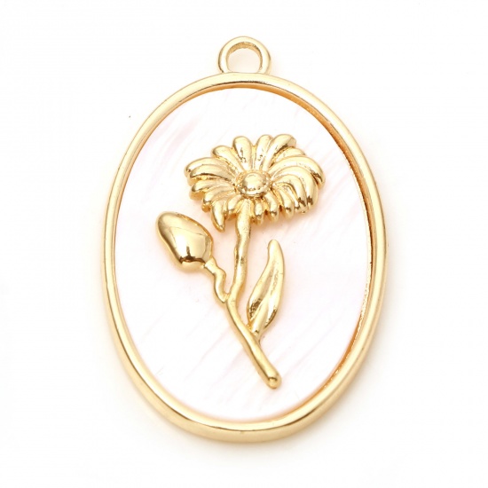 Image de Breloques Fleur de Mois de Naissance en Coquille Naturelle & Laiton Ovale Plaqué Or Véritable Blanc Marguerite 27mm x 18mm, 1 Pièce