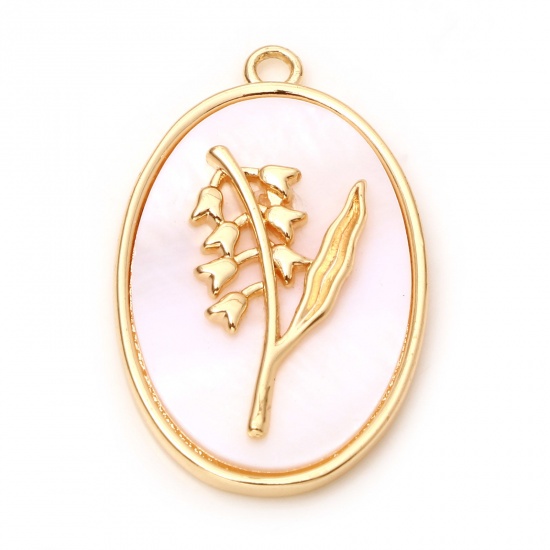 Image de Breloques Fleur de Mois de Naissance en Coquille Naturelle & Laiton Ovale Plaqué Or Véritable Blanc Fleur de Muguet 27mm x 18mm, 1 Pièce