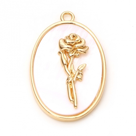 Image de Breloques Fleur de Mois de Naissance en Coquille Naturelle & Laiton Ovale Plaqué Or Véritable Blanc Rose 27mm x 18mm, 1 Pièce