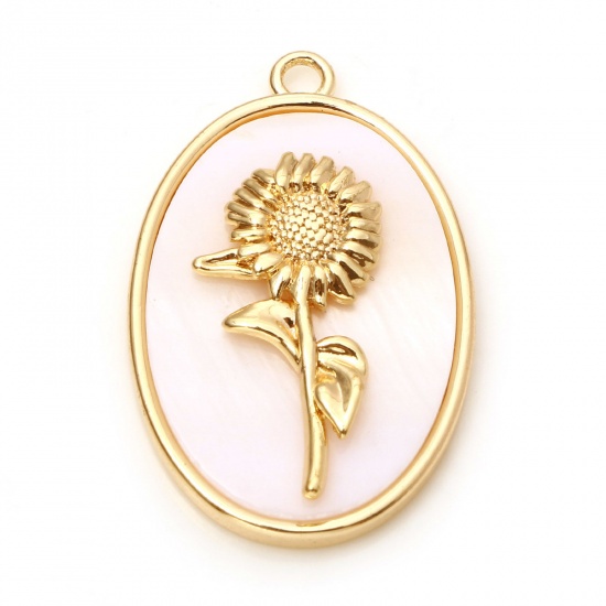 Image de Breloques Fleur de Mois de Naissance en Coquille Naturelle & Laiton Ovale Plaqué Or Véritable Blanc Pavot Coquelicot 27mm x 18mm, 1 Pièce