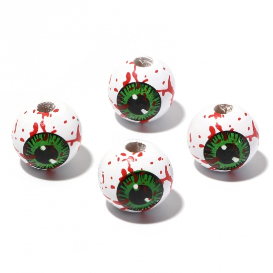 Immagine di Legno Halloween Separatori Perline Tondo Verde Occhi Disegno Circa: 16mm Dia, Foro: Circa 3.8mm, 20 Pz