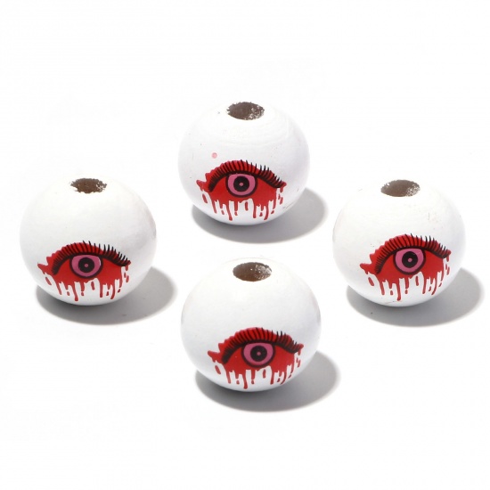 Изображение Деревянные Хэллоуин Бусины Круглые, Красный Глаз 16мм диаметр, Отверстие:примерно 3.8мм, 20 ШТ