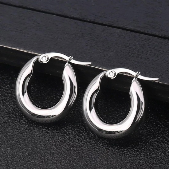 Image de Boucles d'Oreilles Créole Anneaux en 304 Acier Inoxydable Élégant Argent Mat Rond 20mm Dia., 1 Paire