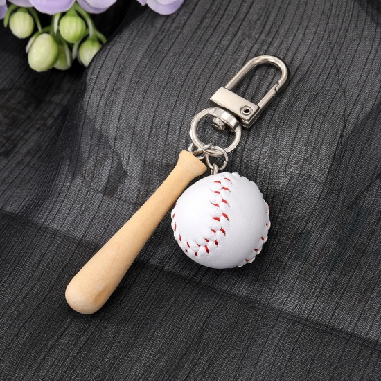 Image de Porte-Clés Sport en Résine Argent Mat Blanc Batte de Baseball Baseball 7cm x 2cm, 1 Pièce