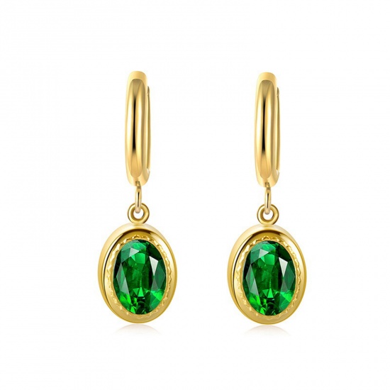 Picture of Eco-friendly Titanium Steel Ins Style Hoop Earrings 14K Real Gold Plated Green Oval Green Cubic Zirconia 2.5cm, 1 Pair