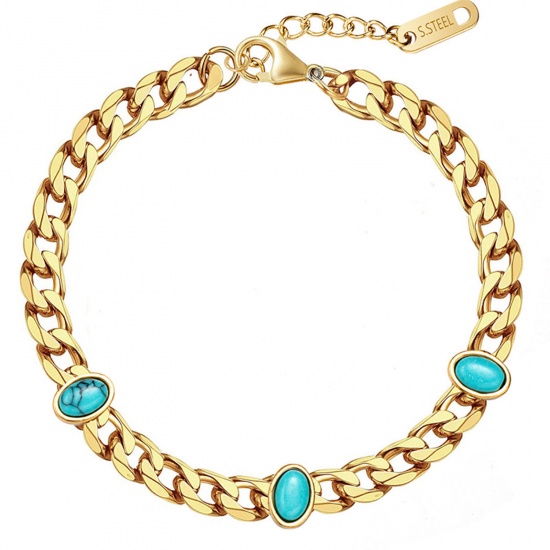 Picture of Eco-friendly Hip Hop Ins Style 14K Real Gold Plated Titanium Steel Cuban Link Chain Oval Imitation Turquoise Bracelets Unisex 16cm(6 2/8") long, 1 Piece