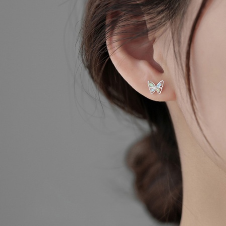 Image de Boucles d'Oreilles Puces En Gros Argent Mat en Laiton, Insecte Exquis Papillon à Strass Couleur AB Creux Cadeau Fournitures de Bijoux 1cm x 1cm, 1 Paire