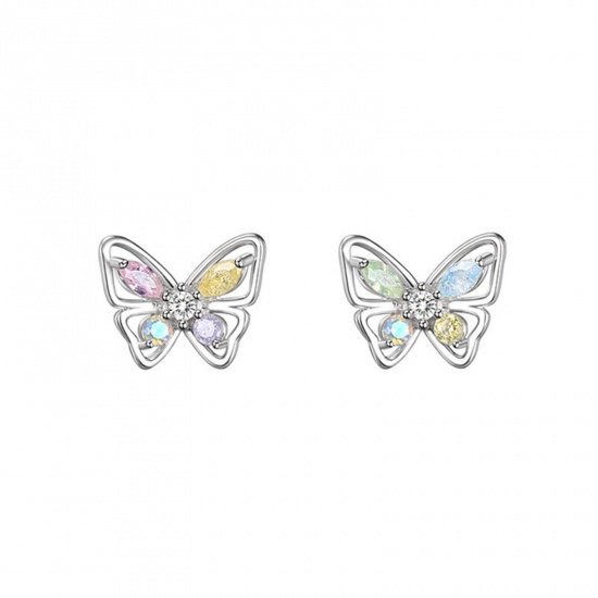 Picture of Brass Insect Ear Post Stud Earrings Silver Tone Butterfly Animal Multicolor Rhinestone 1cm x 1cm, 1 Pair                                                                                                                                                      