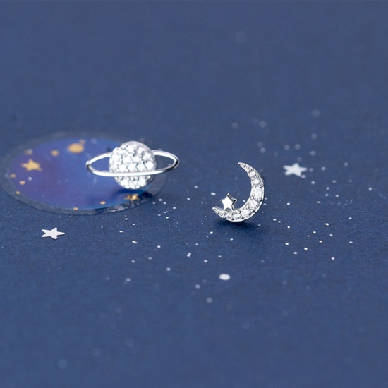 Picture of Brass Galaxy Asymmetric Earrings Silver Tone Half Moon Universe Planet Clear Rhinestone 1cm x 1cm, 1 Pair                                                                                                                                                     