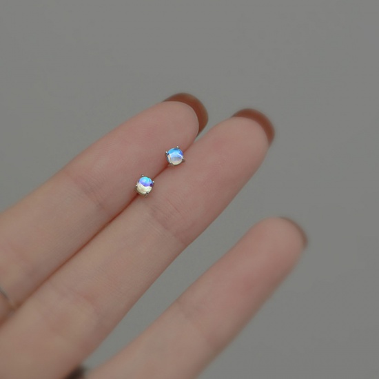 Picture of Brass Galaxy Ear Post Stud Earrings Platinum Plated Round Imitation Moonstone 5mm x 5mm, 1 Pair                                                                                                                                                               