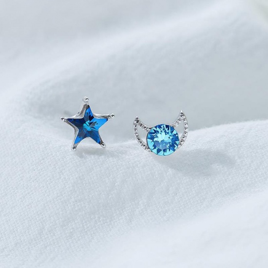 Picture of Brass Galaxy Asymmetric Earrings Platinum Plated Pentagram Star Moon Blue Rhinestone 7mm x 7mm, 1 Pair                                                                                                                                                        