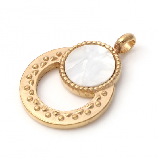 Immagine di 1 Pz Placcatura Sottovuoto PVD Ecologica 304 Acciaio Inossidabile & Conchiglie Naturali Galassia Ciondoli Oro Placcato Bianco Tondo 21mm x 15mm