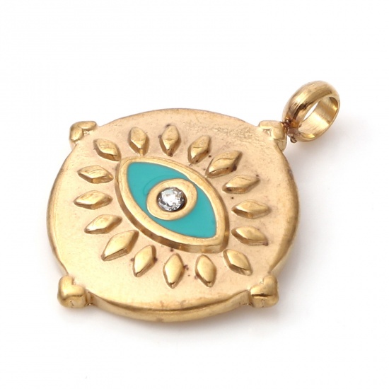 Immagine di 1 Pz Placcatura Sottovuoto PVD Ecologica 304 Acciaio Inossidabile Religione Ciondoli Oro Placcato Verde Blu Tondo Disco Occhio della Provvidenza/ Occhio che Tutto Vede Smalto Trasparente Strass 21mm x 17mm