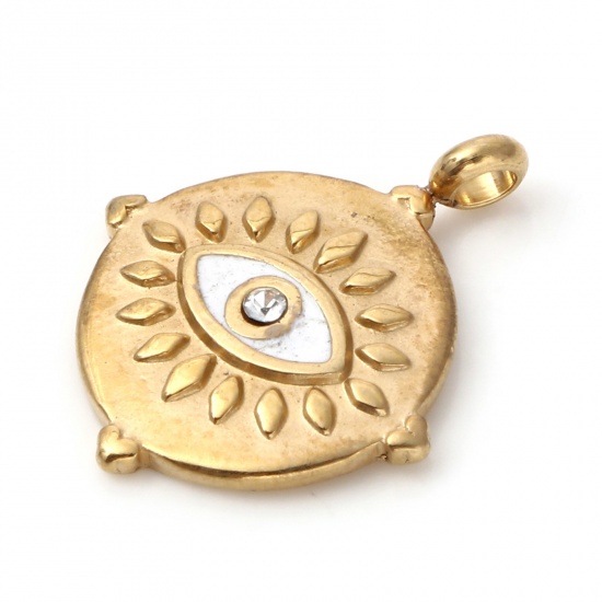 Immagine di 1 Pz Placcatura Sottovuoto PVD Ecologica 304 Acciaio Inossidabile Religione Ciondoli Oro Placcato Bianco Tondo Disco Occhio della Provvidenza/ Occhio che Tutto Vede Smalto Trasparente Strass 21mm x 17mm