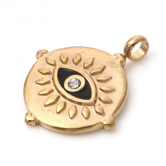 Immagine di 1 Pz Placcatura Sottovuoto PVD Ecologica 304 Acciaio Inossidabile Religione Ciondoli Oro Placcato Nero Tondo Disco Occhio della Provvidenza/ Occhio che Tutto Vede Smalto Trasparente Strass 21mm x 17mm