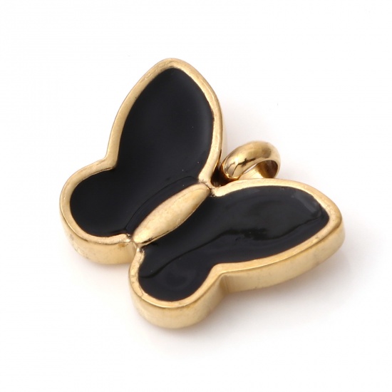 Immagine di 1 Pz Placcatura Sottovuoto PVD Ecologica 304 Acciaio Inossidabile Insetto Ciondoli Oro Placcato Nero Farfalla Smalto 16mm x 13mm