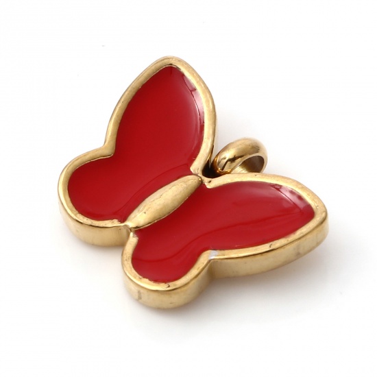 Immagine di 1 Pz Placcatura Sottovuoto PVD Ecologica 304 Acciaio Inossidabile Insetto Ciondoli Oro Placcato Rosso Farfalla Smalto 16mm x 13mm