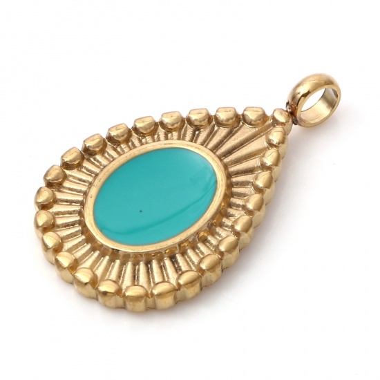 Immagine di 1 Pz Placcatura Sottovuoto PVD Ecologica 304 Acciaio Inossidabile Ciondoli Oro Placcato Verde Blu Goccia Smalto 22mm x 13mm