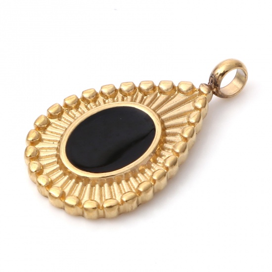 Immagine di 1 Pz Placcatura Sottovuoto PVD Ecologica 304 Acciaio Inossidabile Ciondoli Oro Placcato Nero Goccia Smalto 22mm x 13mm