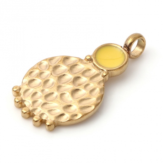 Immagine di 304 Acciaio Inossidabile Martellato Charms Zucca Oro Placcato Giallo Smalto 22mm x 12mm, 1 Pz
