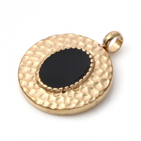 Immagine di 1 Pz Placcatura Sottovuoto PVD Ecologica 304 Acciaio Inossidabile Martellato Ciondoli Oro Placcato Nero Tondo Disco Smalto 19mm x 15mm