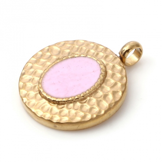 Immagine di 1 Pz Placcatura Sottovuoto PVD Ecologica 304 Acciaio Inossidabile Martellato Ciondoli Oro Placcato Rosa Chiaro Tondo Disco Smalto 19mm x 15mm