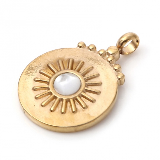 Immagine di 1 Pz Placcatura Sottovuoto PVD Ecologica 304 Acciaio Inossidabile & Conchiglie Naturali Galassia Ciondoli Oro Placcato Bianco Tondo Disco 22mm x 15mm
