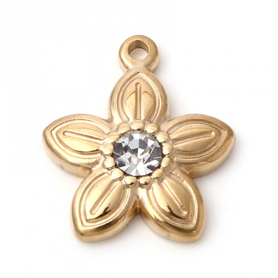 Immagine di 1 Pz Placcatura Sottovuoto PVD Ecologica 304 Acciaio Inossidabile Ciondoli Oro Placcato Trasparente Fiore Trasparente Strass 19mm x 16mm