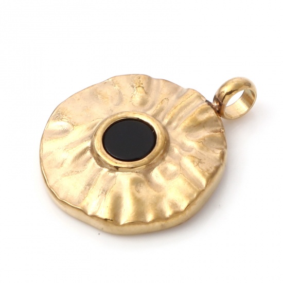 Immagine di 1 Pz Placcatura Sottovuoto PVD Ecologica 304 Acciaio Inossidabile & Conchiglie Naturali Martellato Ciondoli Oro Placcato Nero Tondo Disco 19mm x 15mm
