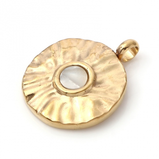 Immagine di 1 Pz Placcatura Sottovuoto PVD Ecologica 304 Acciaio Inossidabile & Conchiglie Naturali Martellato Ciondoli Oro Placcato Bianco Tondo Disco 19mm x 15mm