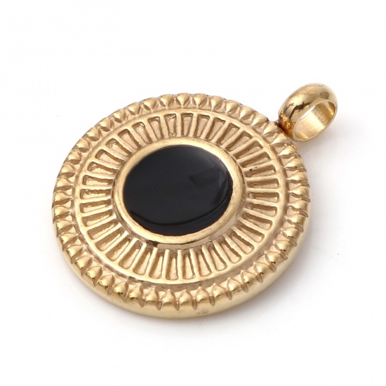 Immagine di 1 Pz Placcatura Sottovuoto PVD Ecologica 304 Acciaio Inossidabile Ciondoli Oro Placcato Nero Tondo Disco Smalto 19mm x 15mm