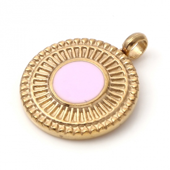 Immagine di 1 Pz Placcatura Sottovuoto PVD Ecologica 304 Acciaio Inossidabile Ciondoli Oro Placcato Rosa Chiaro Tondo Disco Smalto 19mm x 15mm
