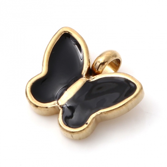Immagine di 1 Pz Placcatura Sottovuoto PVD Ecologica 304 Acciaio Inossidabile Ciondoli Oro Placcato Nero Farfalla Smalto 13mm x 11mm
