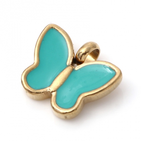Immagine di 1 Pz Placcatura Sottovuoto PVD Ecologica 304 Acciaio Inossidabile Ciondoli Oro Placcato Verde Blu Farfalla Smalto 13mm x 11mm