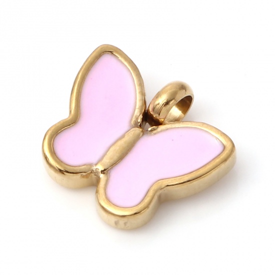 Immagine di 1 Pz Placcatura Sottovuoto PVD Ecologica 304 Acciaio Inossidabile Ciondoli Oro Placcato Rosa Farfalla Smalto 13mm x 11mm