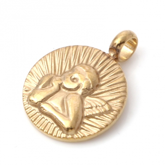 Immagine di 1 Pz Placcatura Sottovuoto PVD Ecologica 304 Acciaio Inossidabile Religione Ciondoli Oro Placcato Tondo Disco Angelo 16mm x 12mm