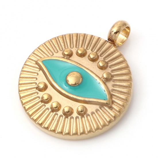Imagen de 1 Unidad Recubrimiento al Vacío PVD Ecológico 304 Acero Inoxidable Religión Colgantes Chapado en Oro Verde Azul Ronda Disco Ojo de la Providencia/Ojo que Todo lo Ve Esmalte 19mm x 15mm