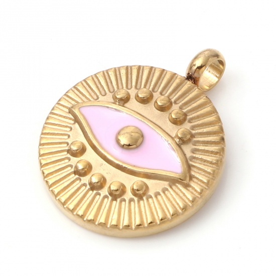 Imagen de 1 Unidad Recubrimiento al Vacío PVD Ecológico 304 Acero Inoxidable Religión Colgantes Chapado en Oro Color rosa Ronda Disco Ojo de la Providencia/Ojo que Todo lo Ve Esmalte 19mm x 15mm