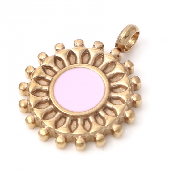 Imagen de 1 Unidad Recubrimiento al Vacío PVD Ecológico 304 Acero Inoxidable Colgantes Chapado en Oro Color rosa Ronda Disco Girasol Esmalte 19mm x 15mm