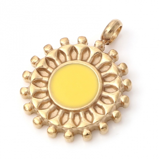 Imagen de 1 Unidad Recubrimiento al Vacío PVD Ecológico 304 Acero Inoxidable Colgantes Chapado en Oro Amarillo Ronda Disco Girasol Esmalte 19mm x 15mm