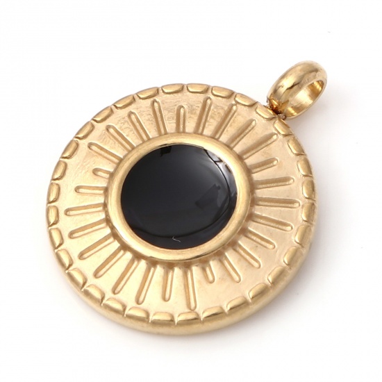 Imagen de 1 Unidad Recubrimiento al Vacío PVD Ecológico 304 Acero Inoxidable Galaxia Colgantes Chapado en Oro Negro Ronda Disco Sol Esmalte 19mm x 15mm